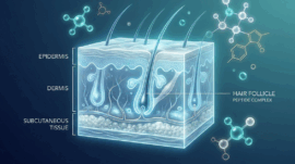 Microscopic visualization of scalp skin layers showing hair follicles and dermal structure