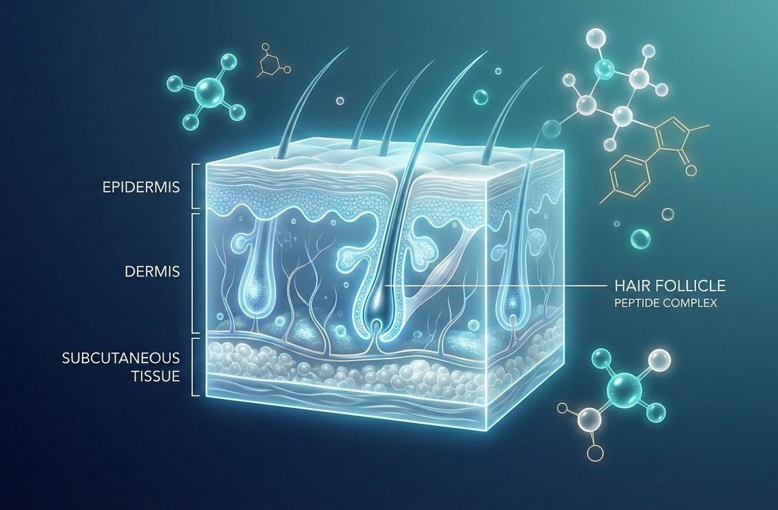 Microscopic visualization of scalp skin layers showing hair follicles and dermal structure
